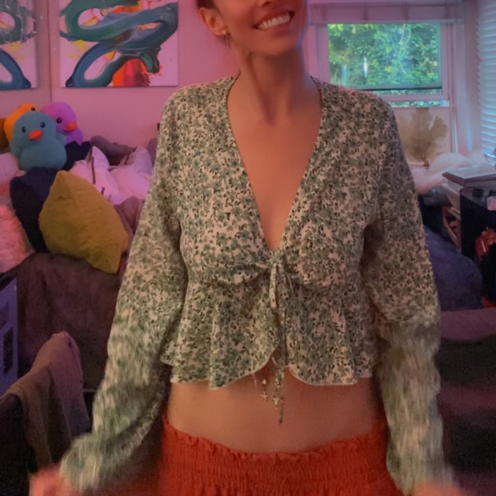 Green Floral Tie-Front Top